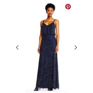Adrianna Papell Navy Art Deco Blouson Beaded Gown